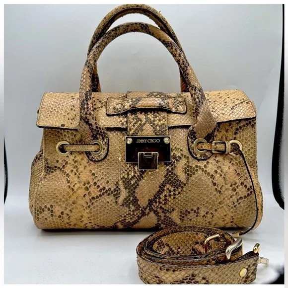 Jimmy Choo Rosalie Python-Embossed Handbag Tan Snake Print Satchel - Picture 5 of 15